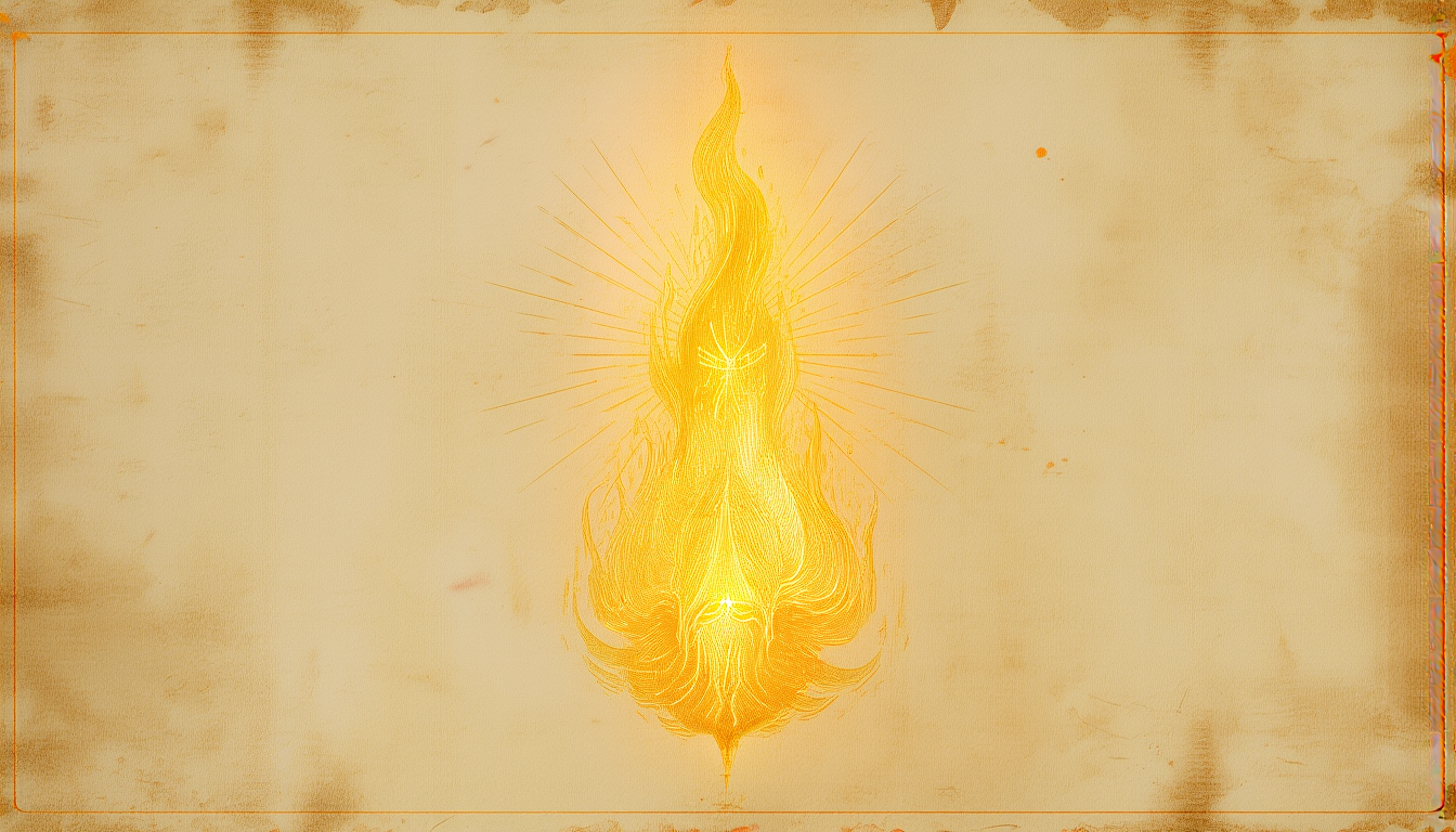 A single golden flame, its form suggesting a flowing script letter