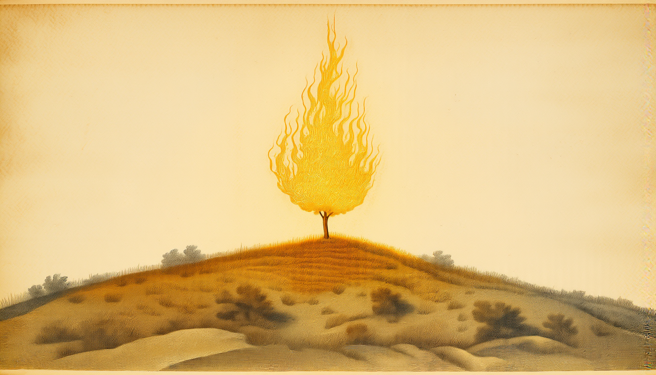 A small wild bush burning with golden flame, not consumed