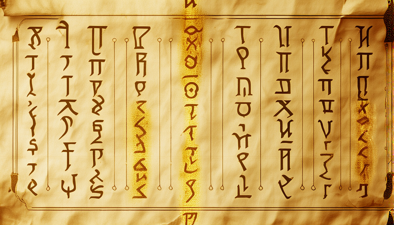 An ancient scroll unfurling, Greek letter forms dissolving into Hebrew letter forms