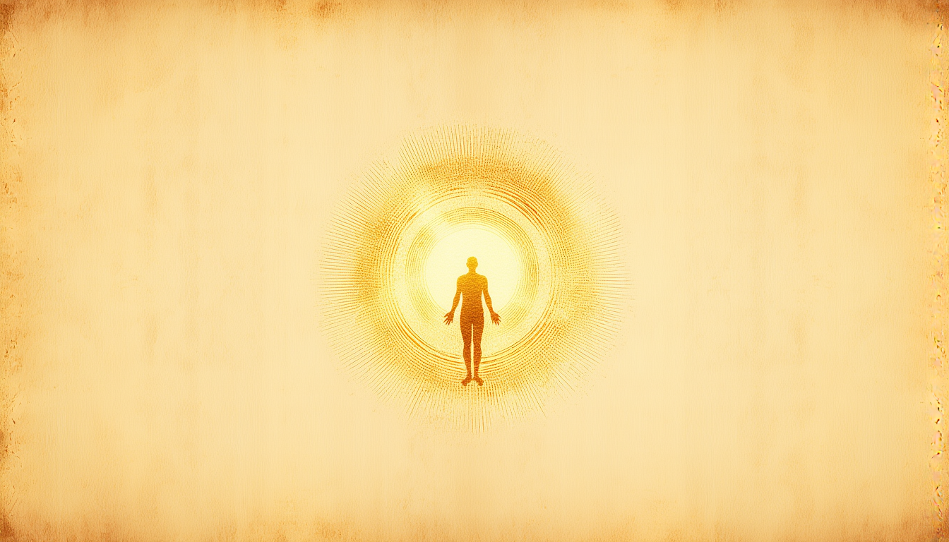 A small human silhouette dissolving into a radiant golden halo of concentric rings of light
