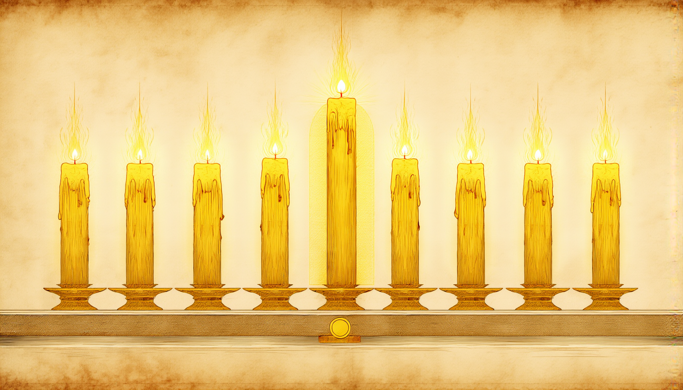 Seven golden flames like lit candles on a stone altar, the center one radiant