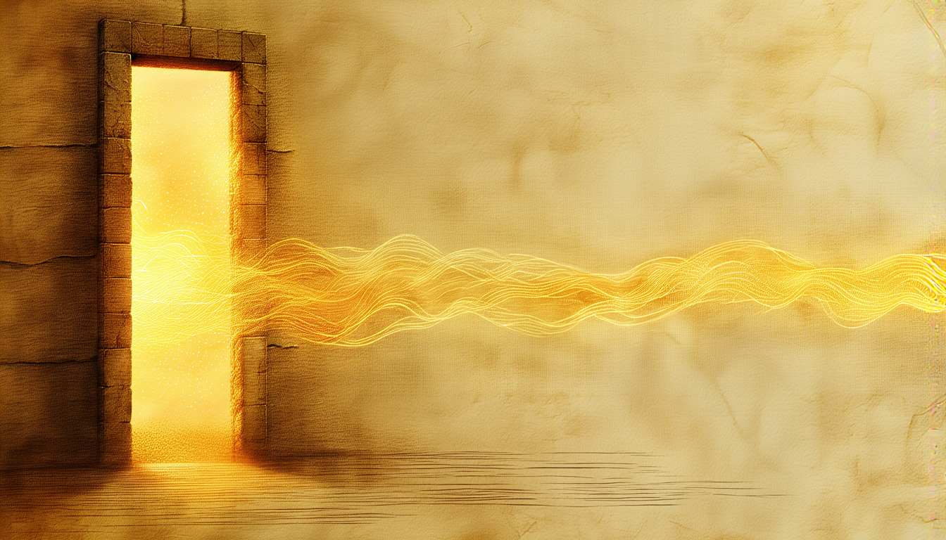 An open stone door dissolving into a flowing river of golden light