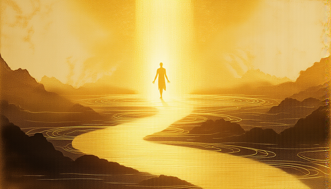 A wide river of golden light flowing through a dark landscape, a small figure walking inside the current