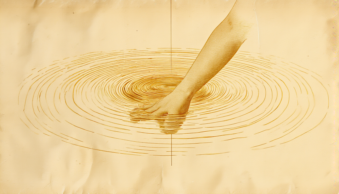 A hand submerged in still water, concentric golden ripples spreading