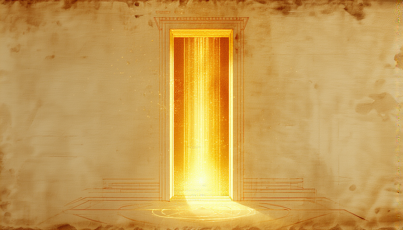 A single open doorway radiating golden light into a dark room